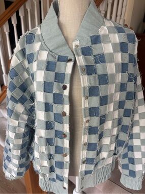AKIRA Blue, Light Blue & White Woven Check Bomber Jacket